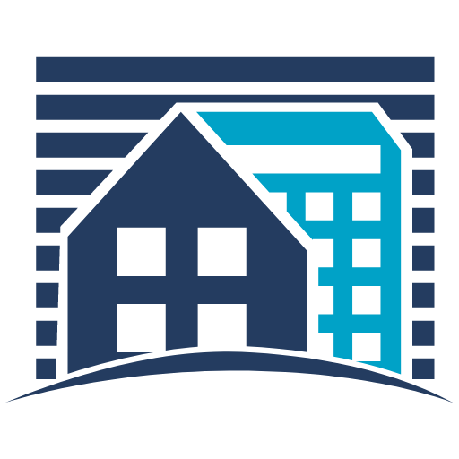 Icon of a house and building with horizontal stripes background.
